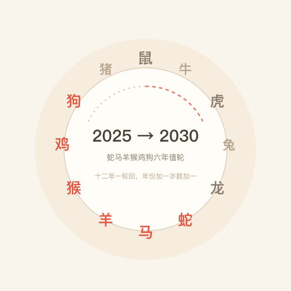 十二生肖环形排布插画,中心标注2025到2030
