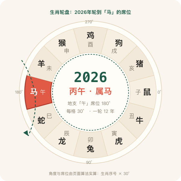 十二生肖轮盘示意图,午马席位高亮