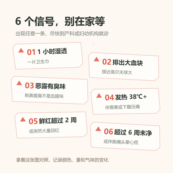 产后恶露需要就医的六个信号速查：一小时湿透卫生巾、大血块、臭味、发热、鲜红超过两周、六周未净