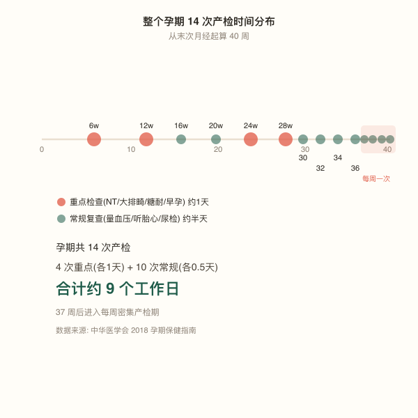 产检时间轴示意图:从孕6周到40周每次产检分布