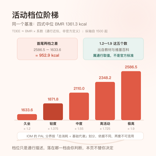 活动系数从 1.2 到 1.9 五档对应每日总消耗的阶梯柱状示意图