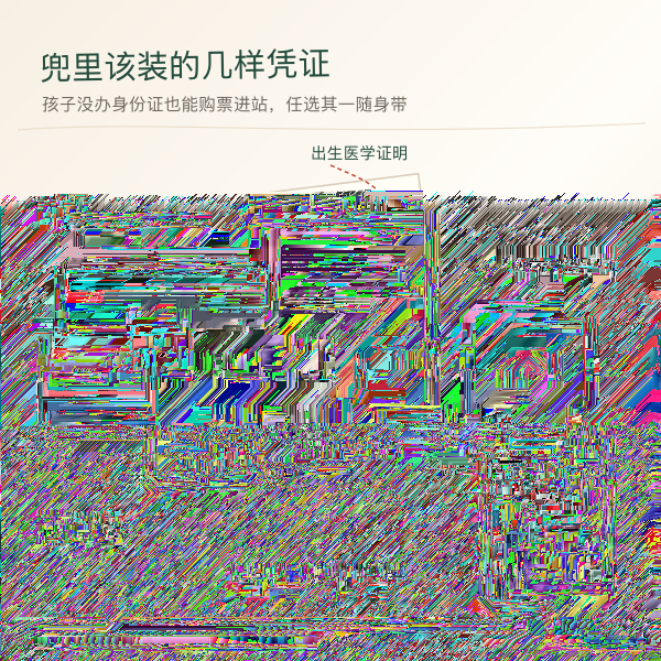 儿童乘车随身证件示意:身份证、户口簿、出生医学证明、护照与电子临时乘车身份证明