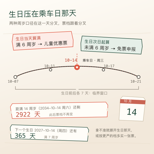 临界提醒示意:乘车日落在生日前后七天内的窗口与跨档剩余天数