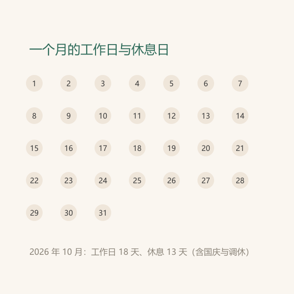 一个月日历里工作日与休息日的分布条