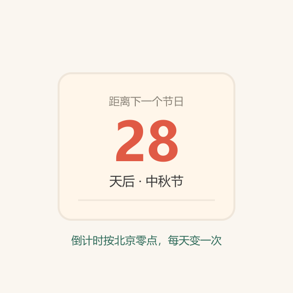 倒计时卡片示意图：节日名、日期与剩余天数