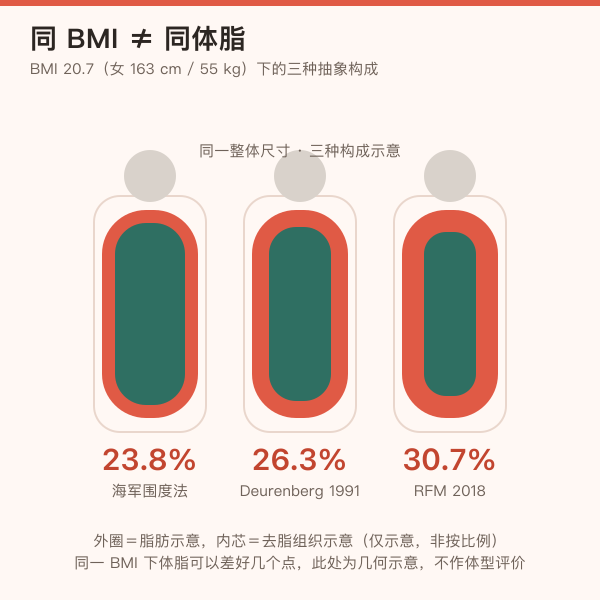 同一 BMI 下三种抽象几何体型对应不同体脂率的示意图