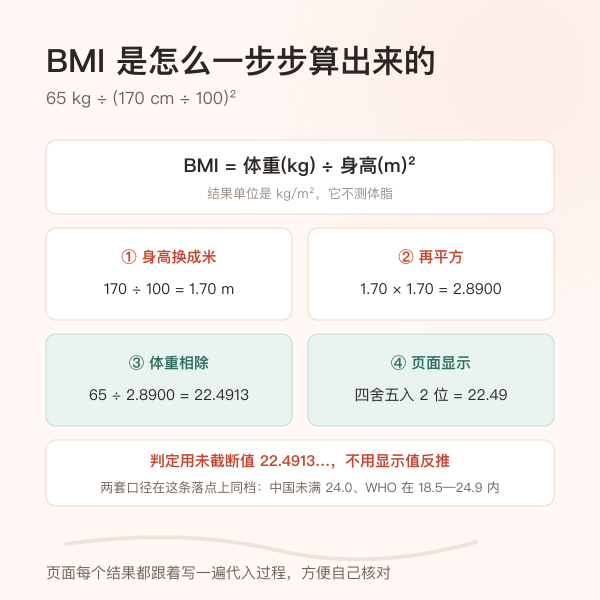 BMI 分步代入示意图：65 除以身高平方 2.8900 得 22.4913