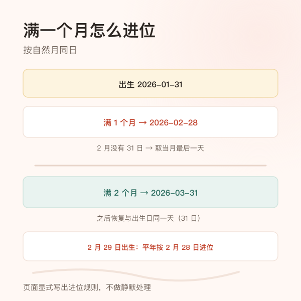 从出生到 36 个月的满月日时间轴